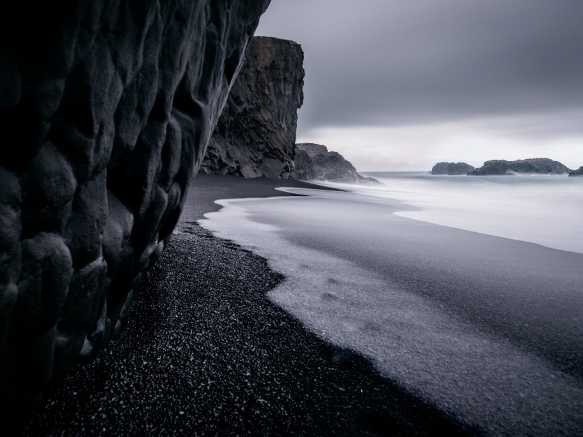 ocean, rocks, surf, pebbles, bw, dark