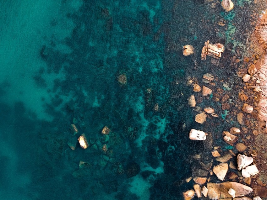 ocean, stones, aerial view, water, ripples, bottom