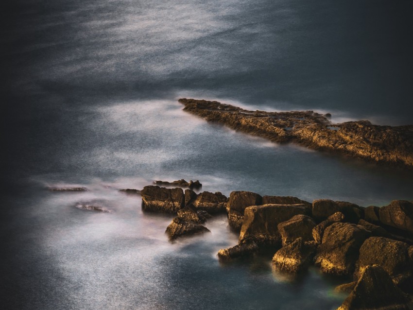 ocean, stones, surface, water, twilight