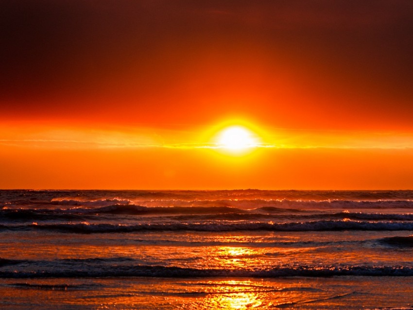ocean, sunset, horizon, sky, waves