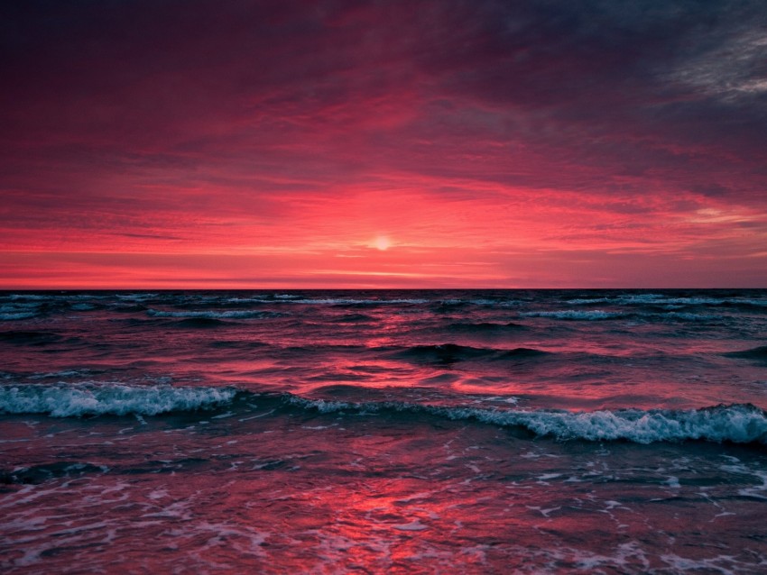 ocean, sunset, surf, horizon, sea, sky, foam