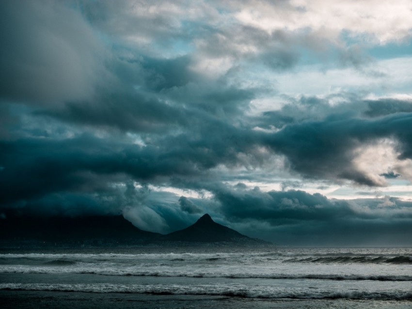 ocean, surf, rocks, clouds, overcast, storm