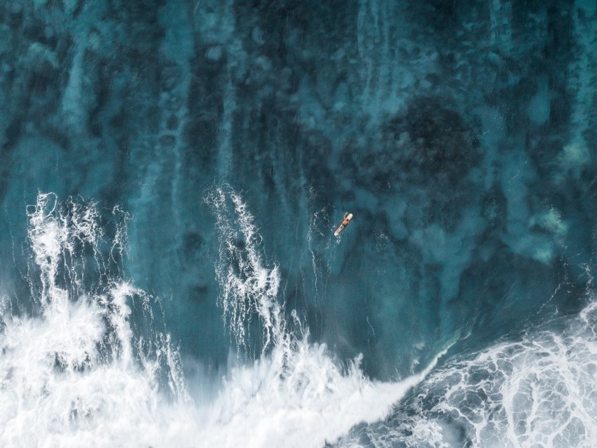 ocean, waves, aerial view, surfer, water, surface