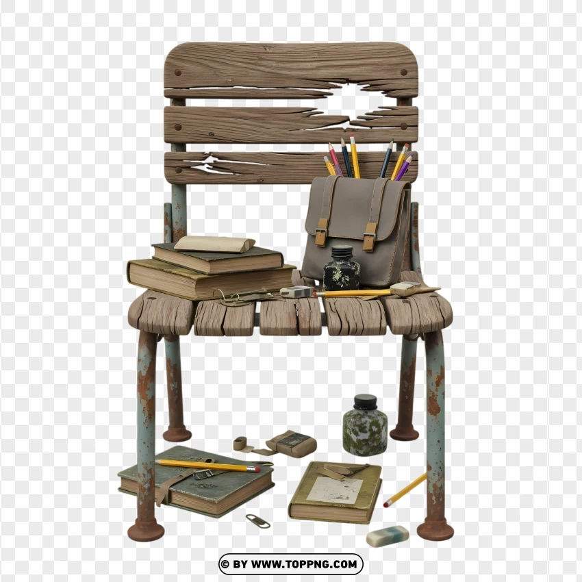 Old Classroom Chair With Complete Study Supplies PNG Transparent Background
