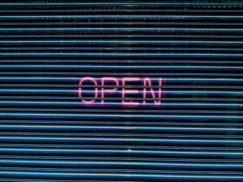 open, neon, plate, blinds, inscription