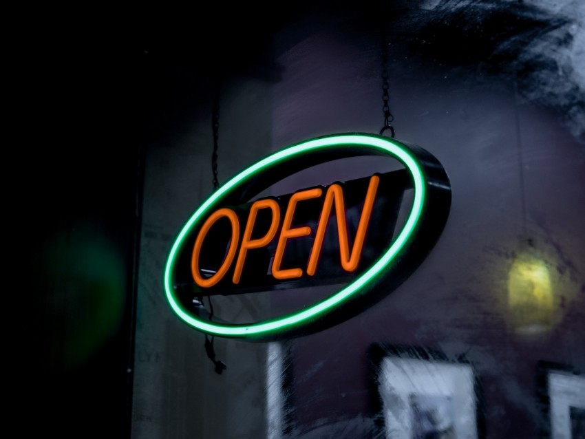 open, sign, neon, text, inscription, glow