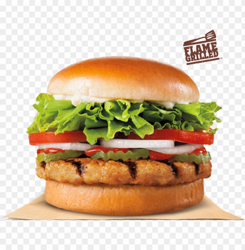 our flame grilled chicken burger features a savory - grilled chicken patty burger PNG image with transparent background@toppng.com