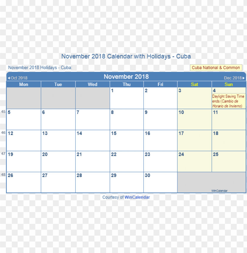 Ovember 2018 Calendar With Cuba Holiday  To Print - 2019 Calendar With Holiday   Ingapore PNG Image With Transparent Background