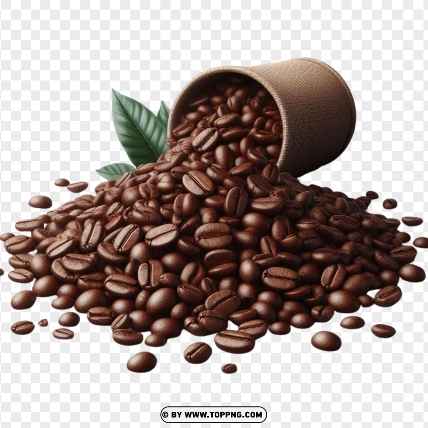 Overflowing Coffee Beans From A Tipped Burlap Bag With Fresh Leaves PNG Transparent Background