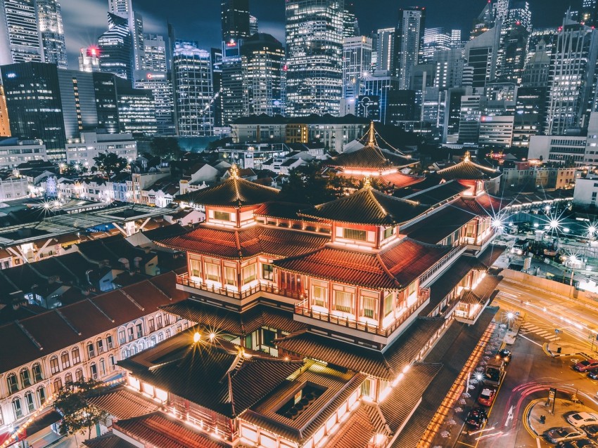 pagoda, building, aerial view, architecture, city, night, backlight