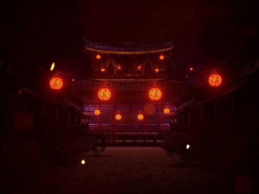 pagoda, lanterns, glow, dark, night