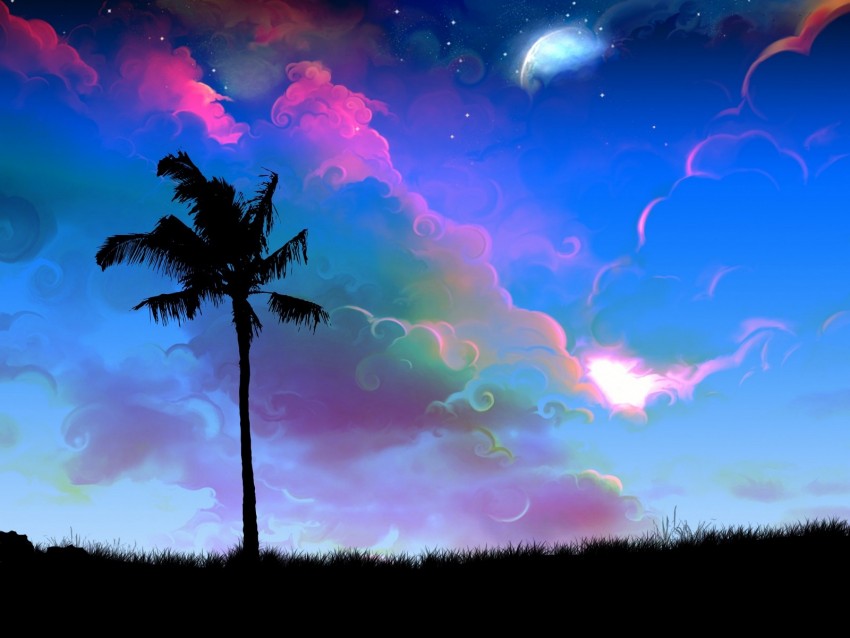 palm, tree, art, twilight, night