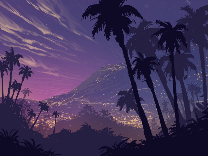 palm trees, art, night, mountains, landscape, shadows