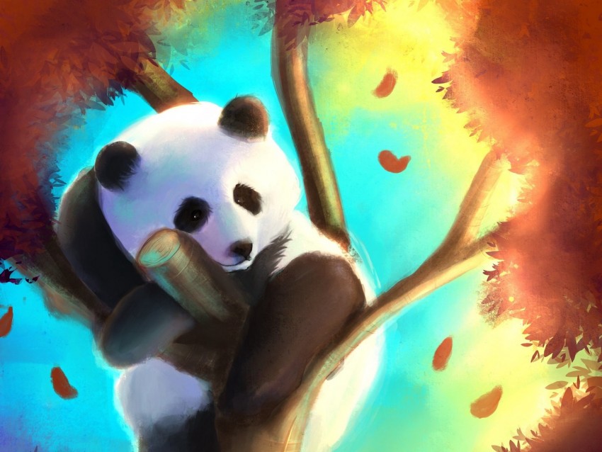 panda, cute, tree, art, colorful