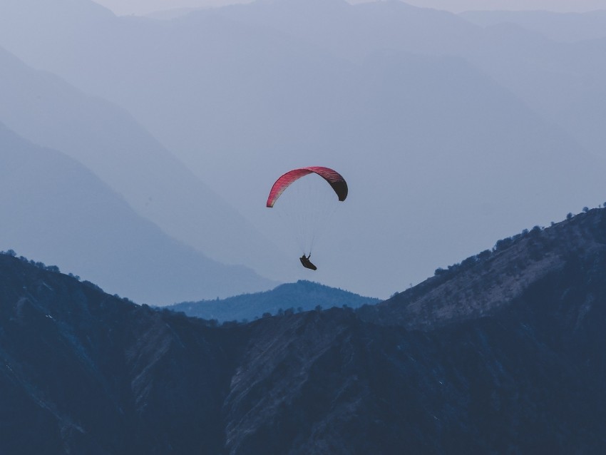 paraglider, flight, mountains, fog