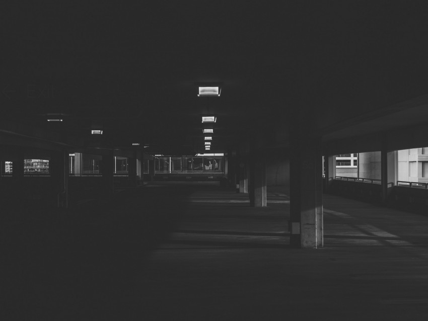 parking, underground, bw, dark