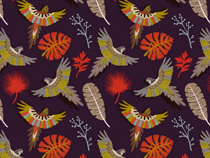 parrots, birds, feathers, colorful, vector, pattern