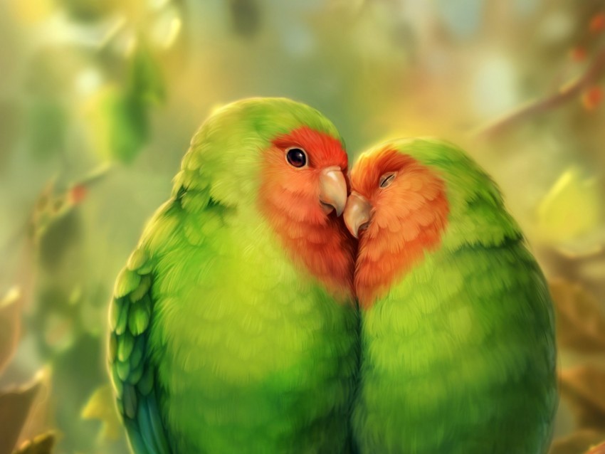 parrots, birds, romance, cute, art