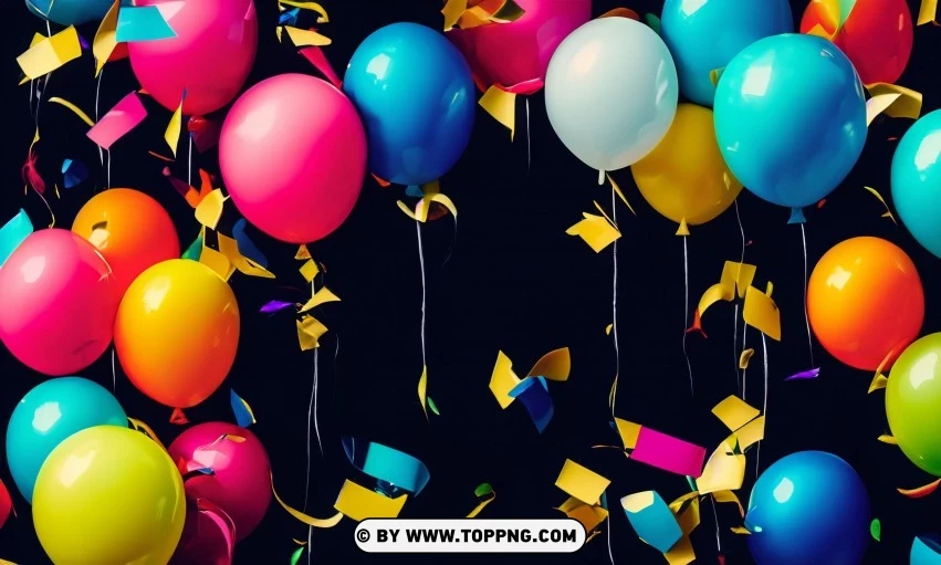 Festive Colorful balloons, Confetti celebration backdrop, Blurred bokeh party background, Colorful inflatable balloons decor, Festive event ambiance, Confetti-filled background, Luxury party scene