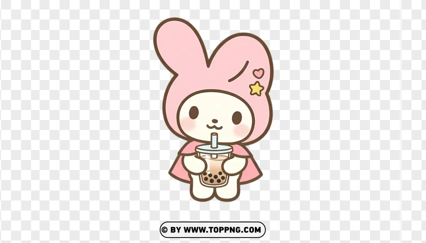 Chibi pastel bunny holding boba drink with straw