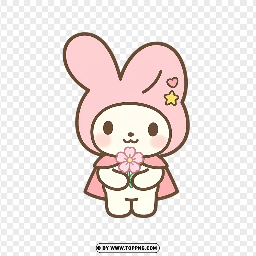 Pastel bunny holding pink flower in soft chibi design