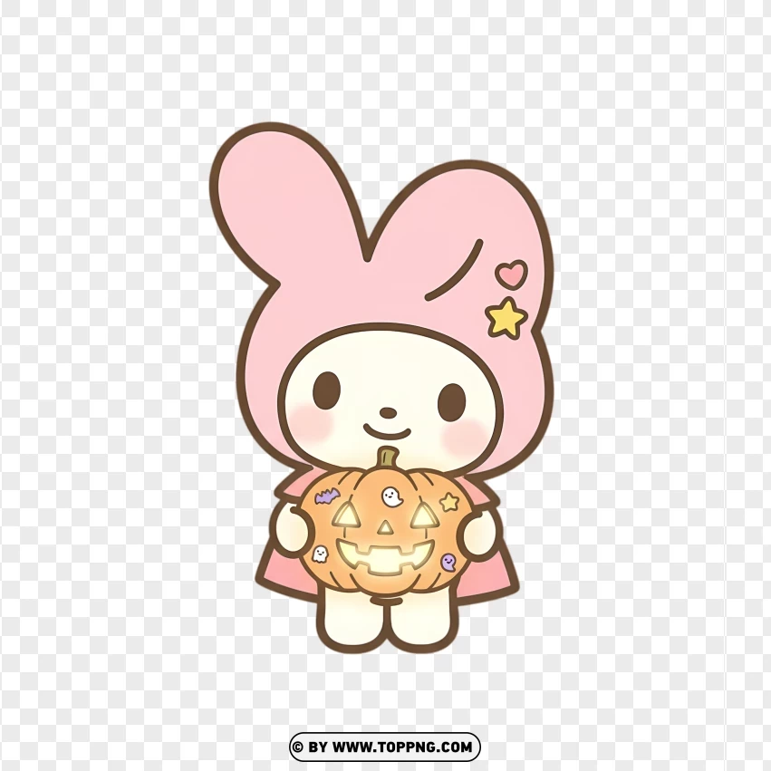 Halloween bunny holding pumpkin in kawaii pastel design