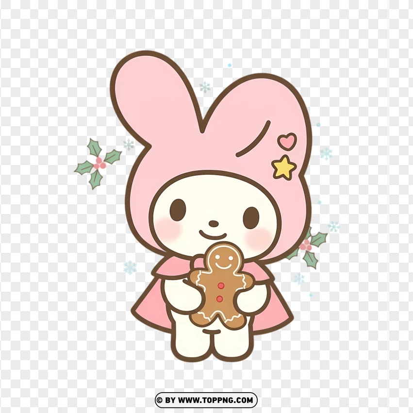 Christmas bunny holding gingerbread man in festive pastel style