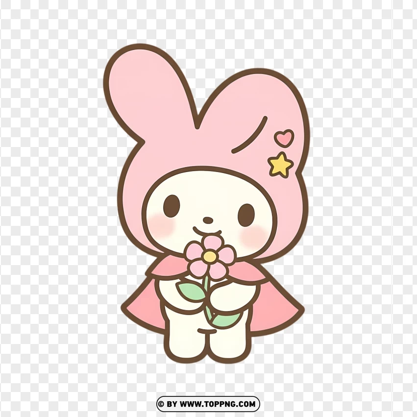 Cute pastel bunny holding pink flower in chibi style