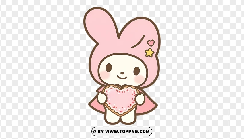 Pastel bunny holding heart-shaped cookie in kawaii style