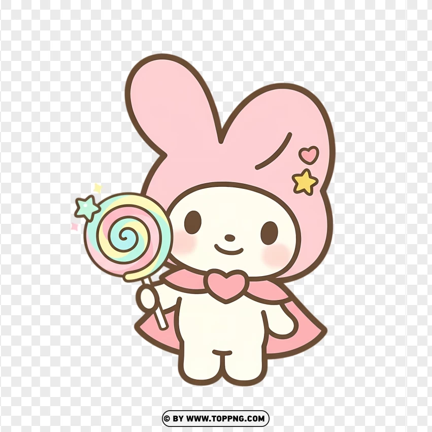 Chibi bunny holding swirl lollipop in pastel festive style