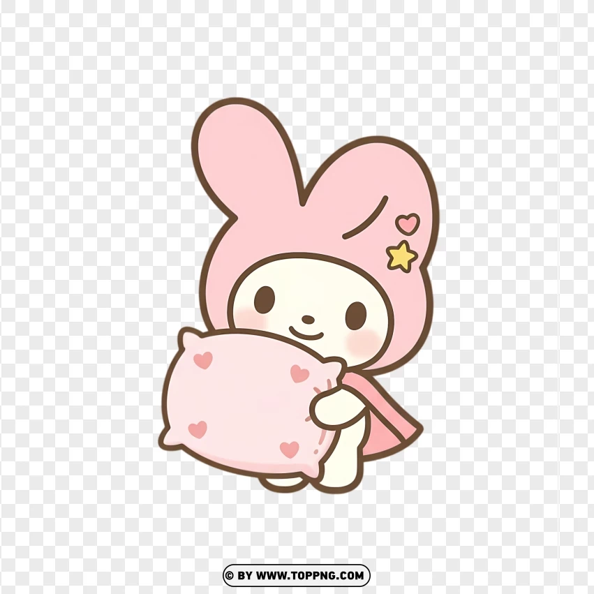 Cute pastel bunny hugging soft pink pillow in kawaii style