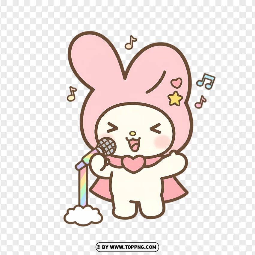 Bunny singing beside rainbow microphone in kawaii chibi style