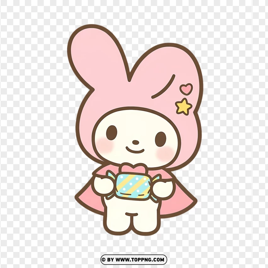 Bunny in pink hood holding wrapped candy in kawaii style