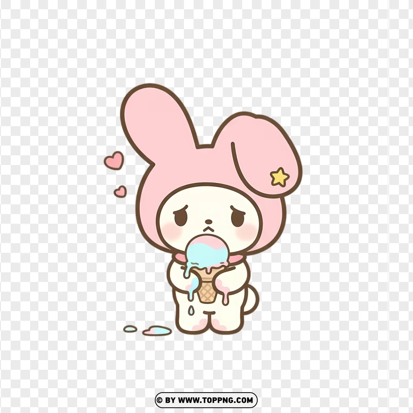 Shy pastel bunny holding melting blue pink ice cream cone