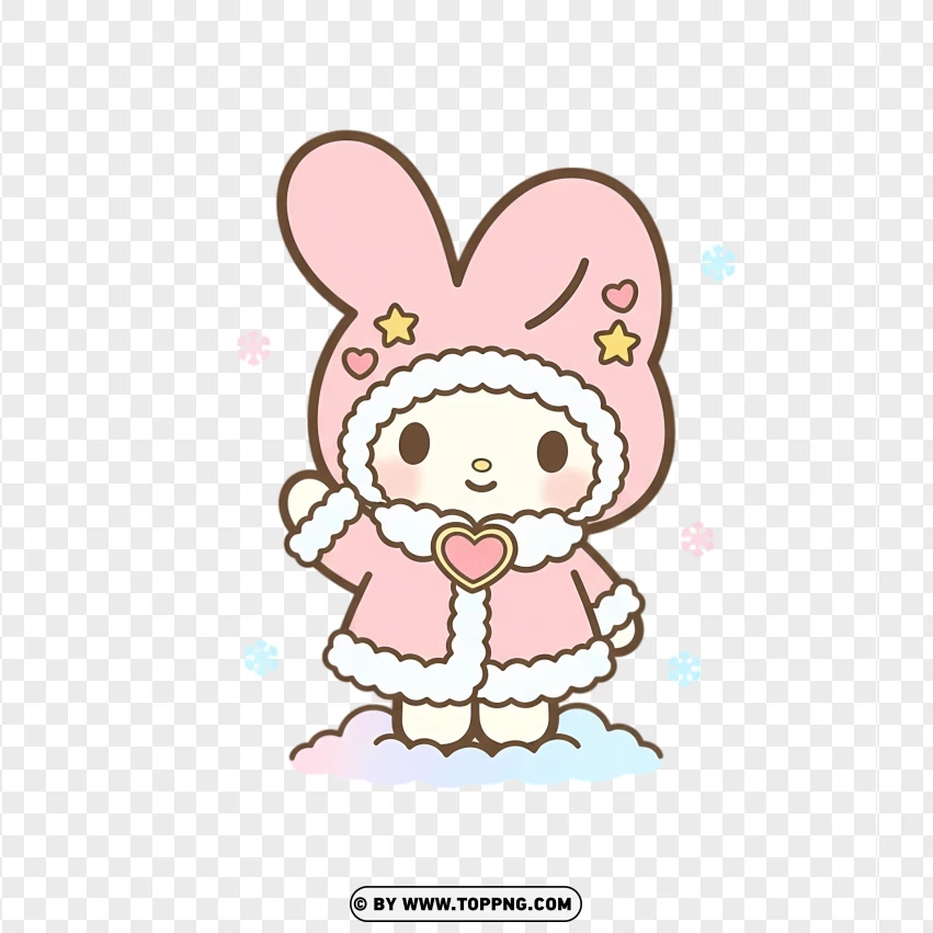 Winter bunny in pink coat with snow scene background