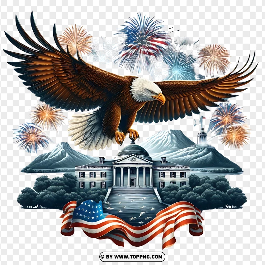 Patriotic Bald Eagle Soaring Over Washingtons Estate With Fireworks PNG Transparent Background