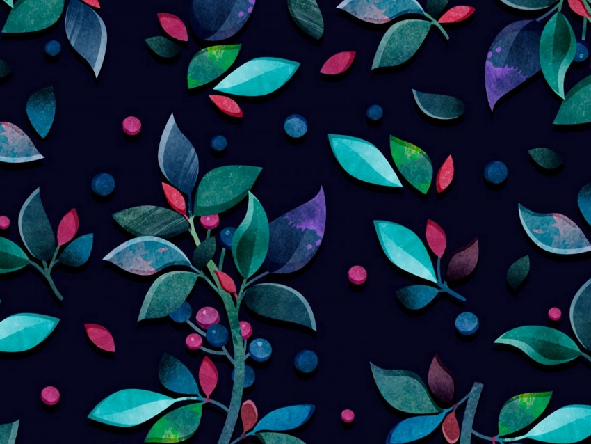 pattern, branches, leaves, berries, colorful