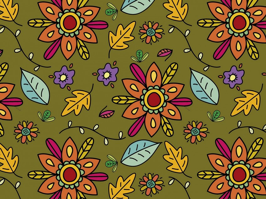 pattern, flowers, leaves, branches, art