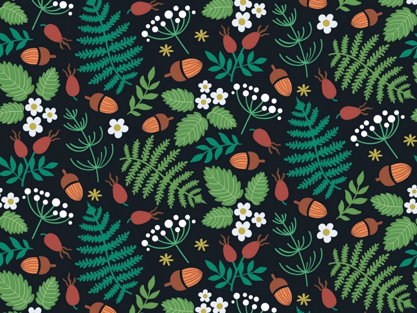 pattern, forest, motif, leaves, berries, acorns, strawberries