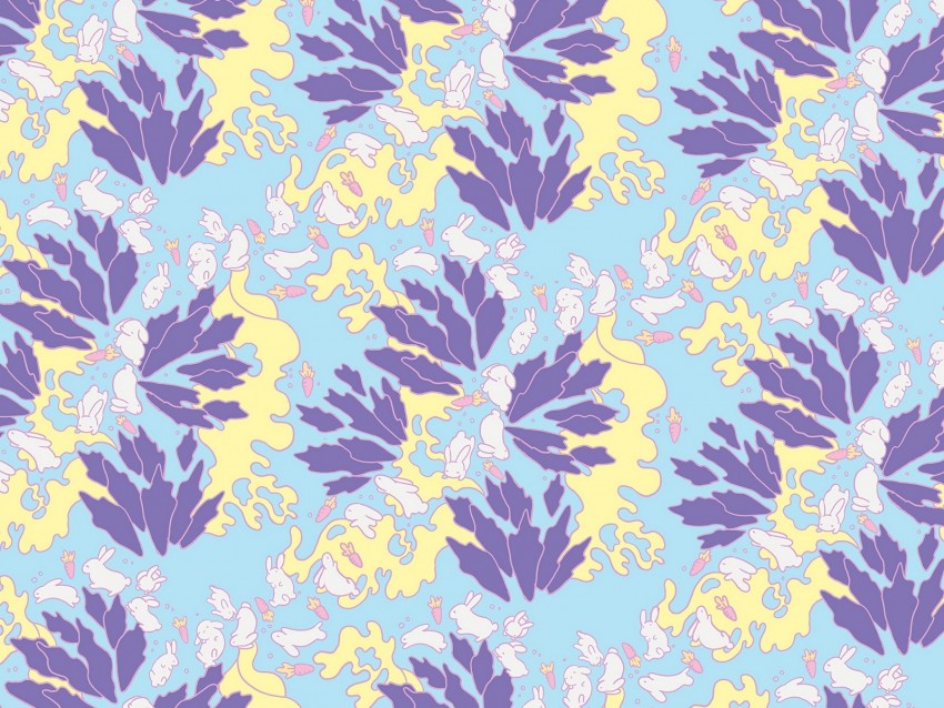 pattern, rabbits, leaves, carrots, colorful