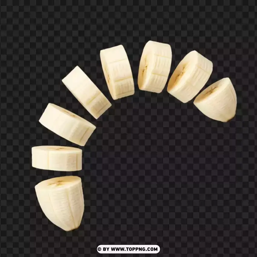 Peeled Banana Slices In Floating Curved Formation PNG Transparent Background