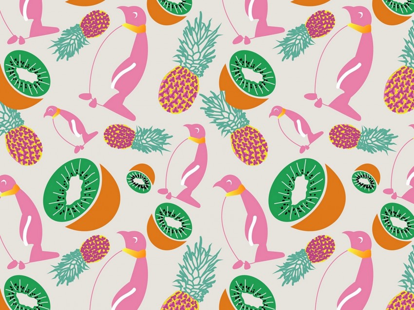 penguins, pineapples, kiwi, pattern, art