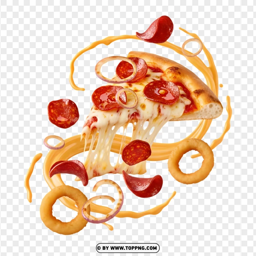 Pepperoni Pizza Slice With Onion Rings PNG Transparent Background