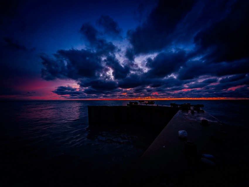 pier, clouds, sunset, ocean, horizon, dark
