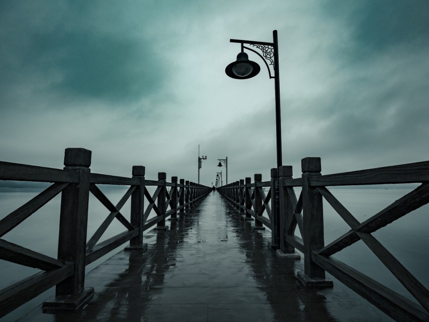 pier, fog, moisture, lights, railings