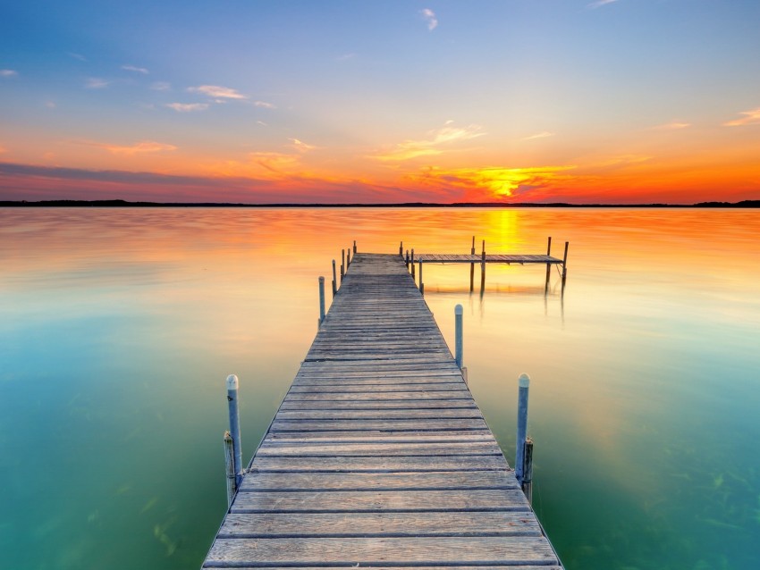 Pier Lake Sunset Water Horizon Background