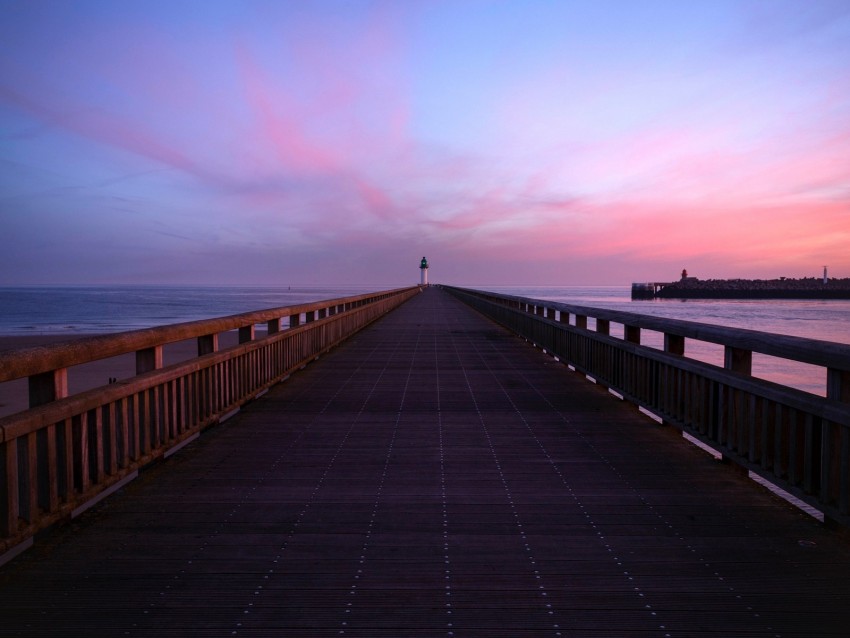 pier, lighthouse, horizon, dawn, sea, sky