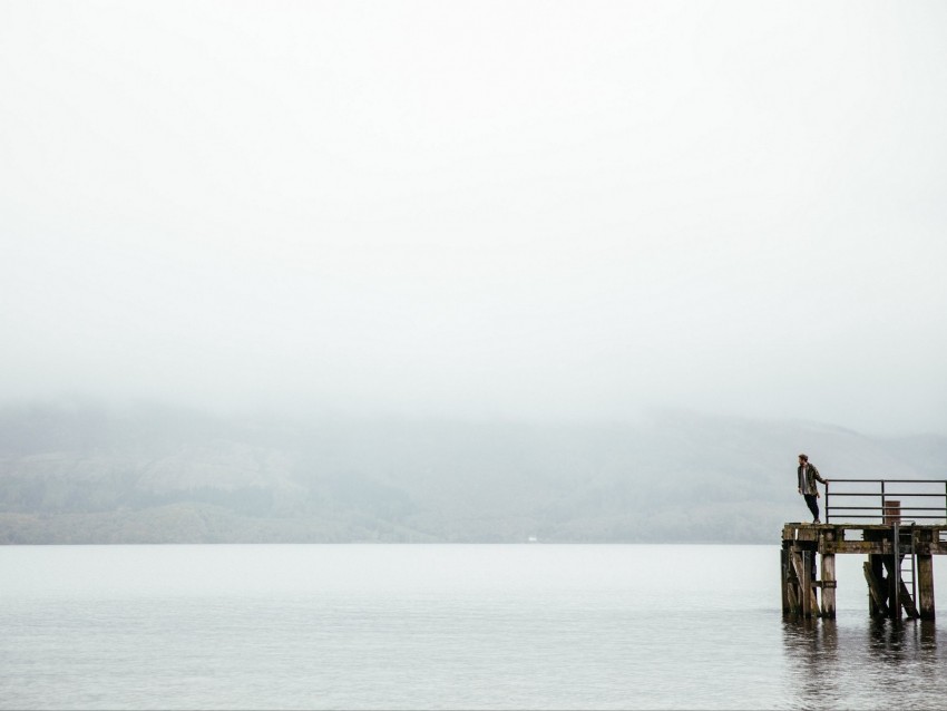 pier, man, loneliness, melancholia, lake, fog, water