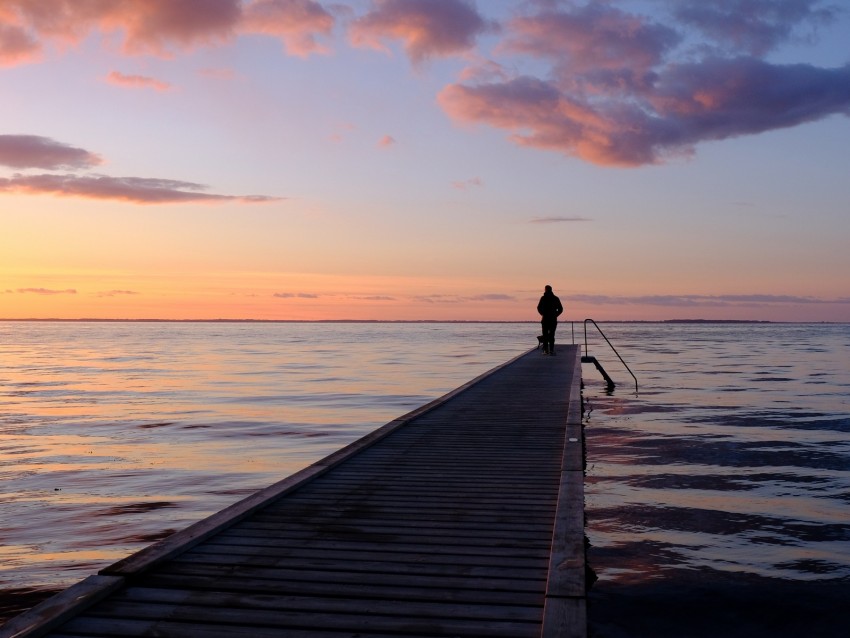 pier, sea, silhouette, loneliness, horizon, distance