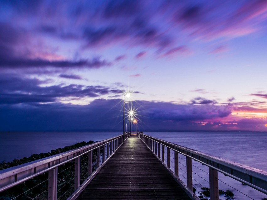 pier, sunset, horizon, sea, lilac, clouds